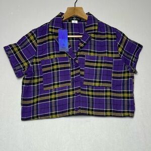 Dolls Kill Daisy Street Purple/Yellow Check Punk Casual Grunge Ska Shirt size M